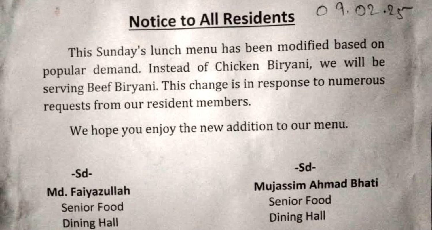 The notice says Sunday's lunch menu has been changed, and beef biryani will be served instead of chicken biryani as per demand.