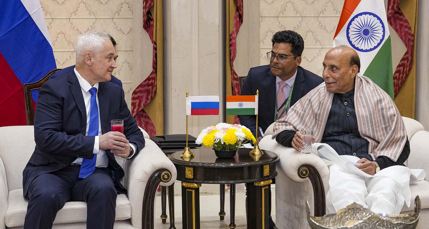 Defence Minister Rajnath Singh with his Russian counterpart Andrey Belousov prior to the 22nd India-Russia Inter-Governmental Commission on Military and Military Technical Cooperation ministerial meeting, in New Delhi, on Thursday.
