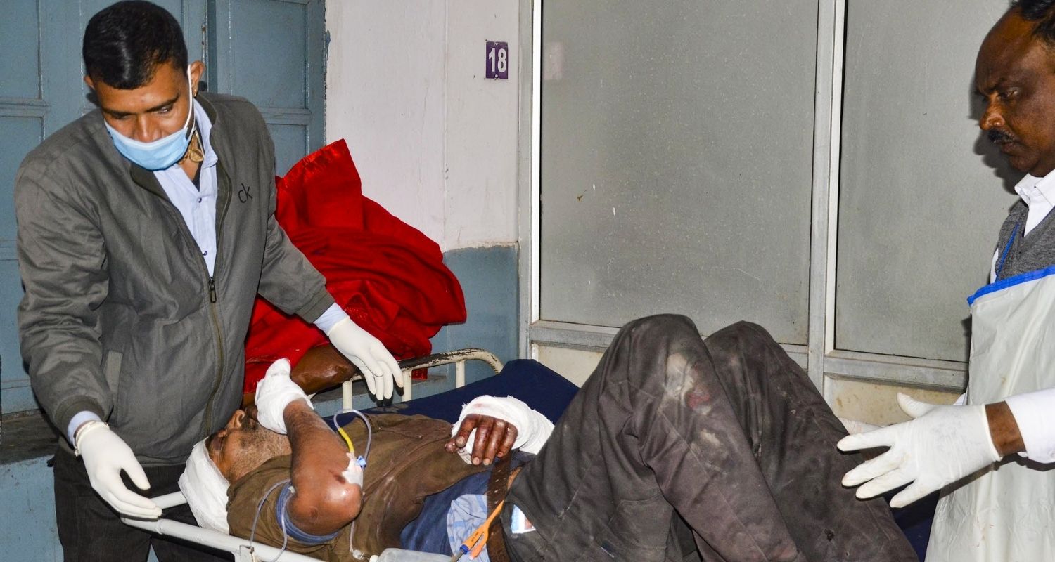 An injured victim being treated at a hospital after a road accident, in Mathura, Uttar Pradesh, Saturday, Feb. 7, 2026. 
