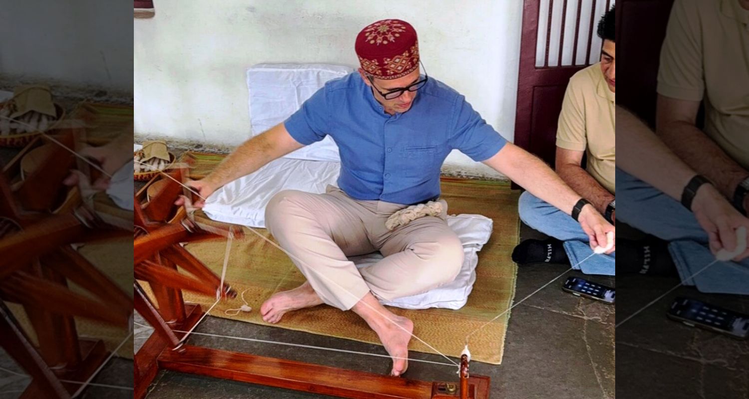 &K CM Omar Abdullah tries spinning the charkha at Gandhi’s Sabarmati Ashram during his Gujarat visit.