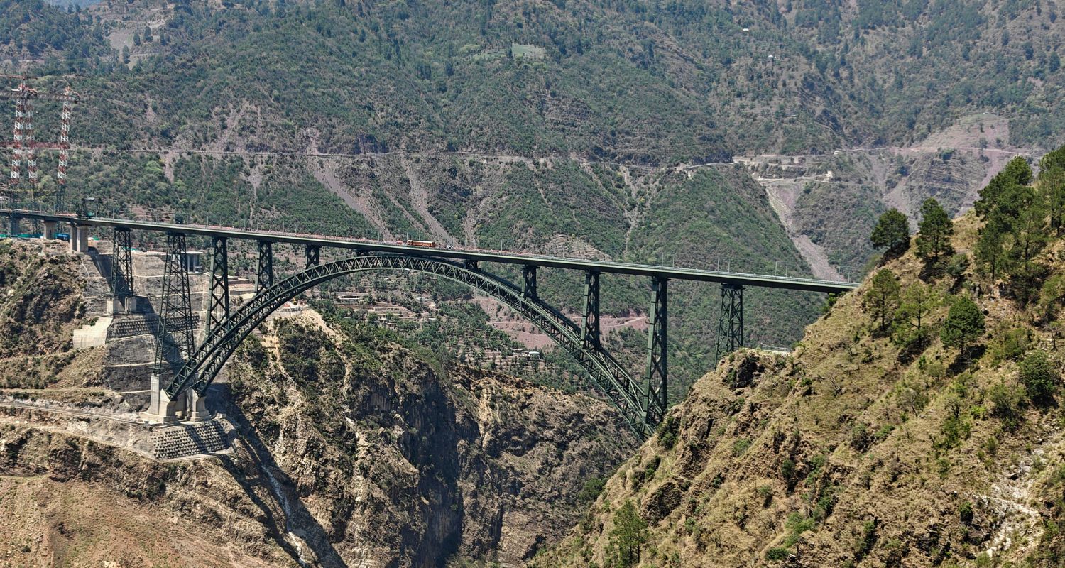 Chenab Rail Bridge, the world's highest railway arch bridge, a day before its inauguration, in Reasi district, Jammu & Kashmir, Thursday.