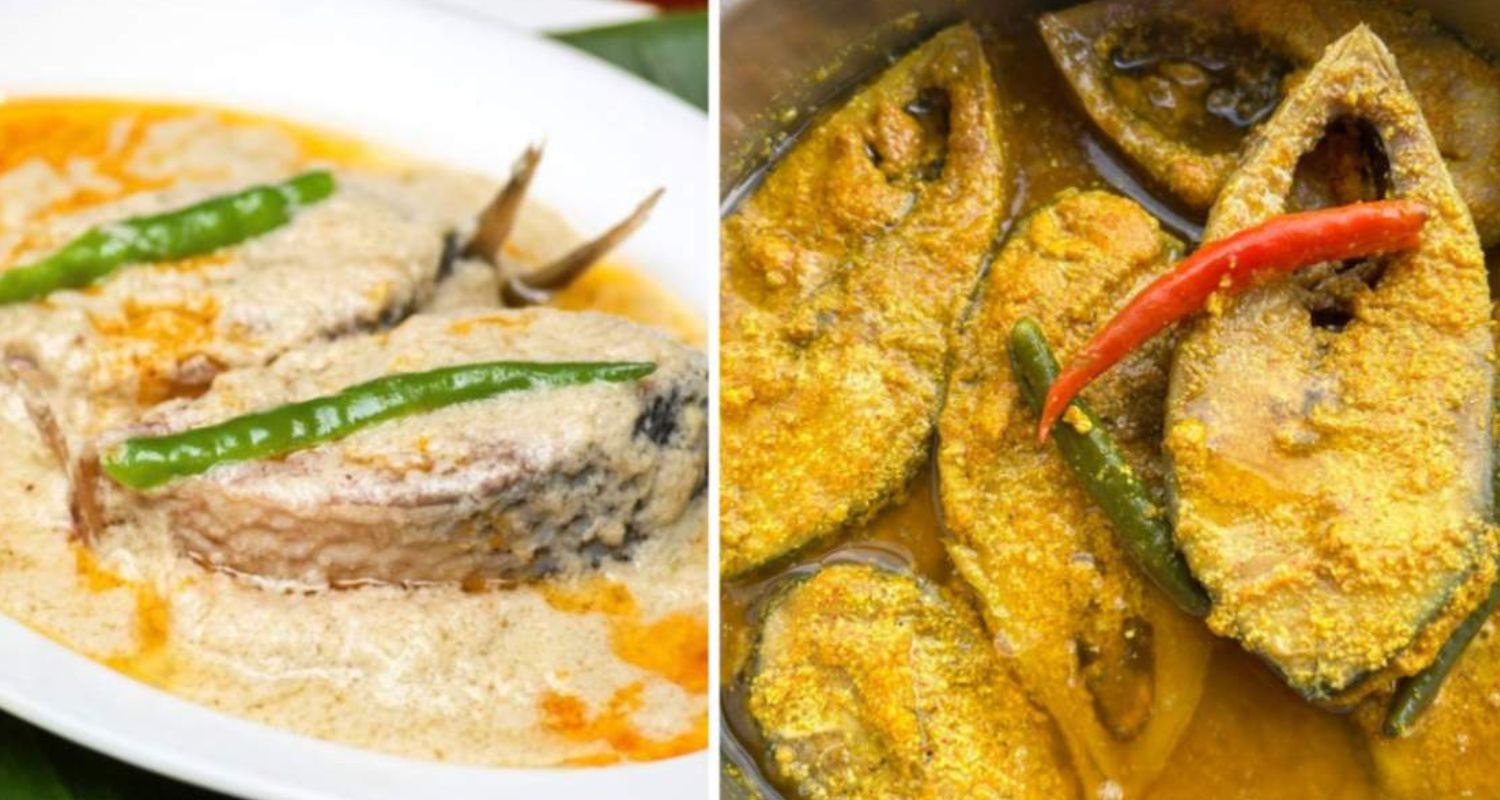 Hilsa curry made using yoghurt known as 'Doi Ilish' (left) and 'Bhapa Ilish (right) steamed to perfection using the paste of poppy seeds.