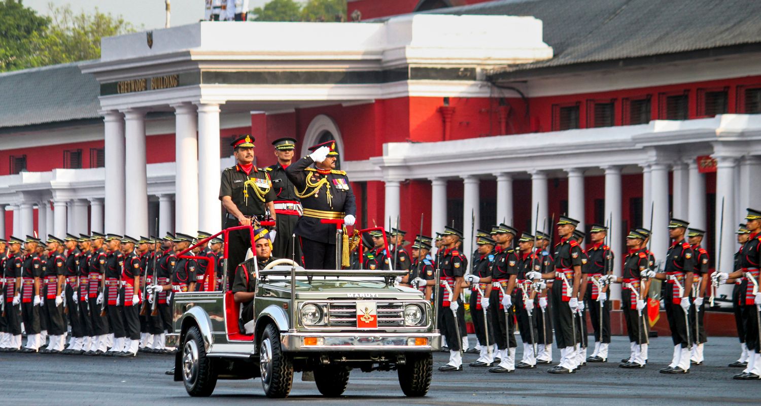 Sri Lanka Army Commander Lieutenant General BKGM Lasantha Rodrigo inspects the Guard of Honour during the Passing Out Parade of the Indian Military Academy (IMA), in Dehradun, Saturday.