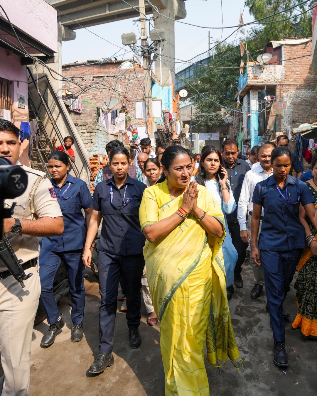 Delhi Chief Minister Rekha Gupta during her visit to inaugurate construction work of 24-seater JSC (Jan Sewa Camp) at JJ Cluster, Nehru Camp, Haiderpur, in New Delhi, Sunday.